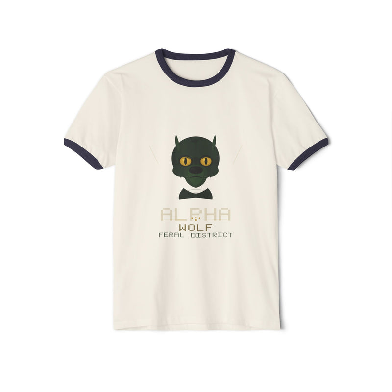 Ringer T-Shirt — 'Alpha Wolf Feral District' Cute Green Wolf Graphic